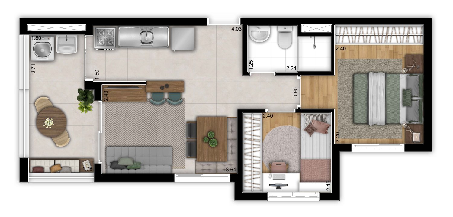 Planta de apartamento 2 dormitórios de 47 m² em Bresser, São Paulo