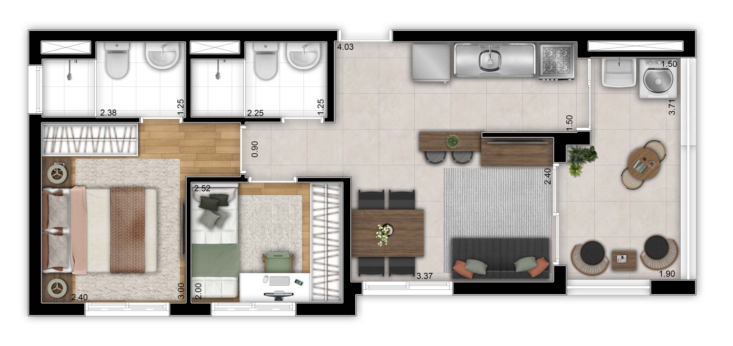 Planta de apartamento 2 dormitórios de 49 m² em Bresser, São Paulo