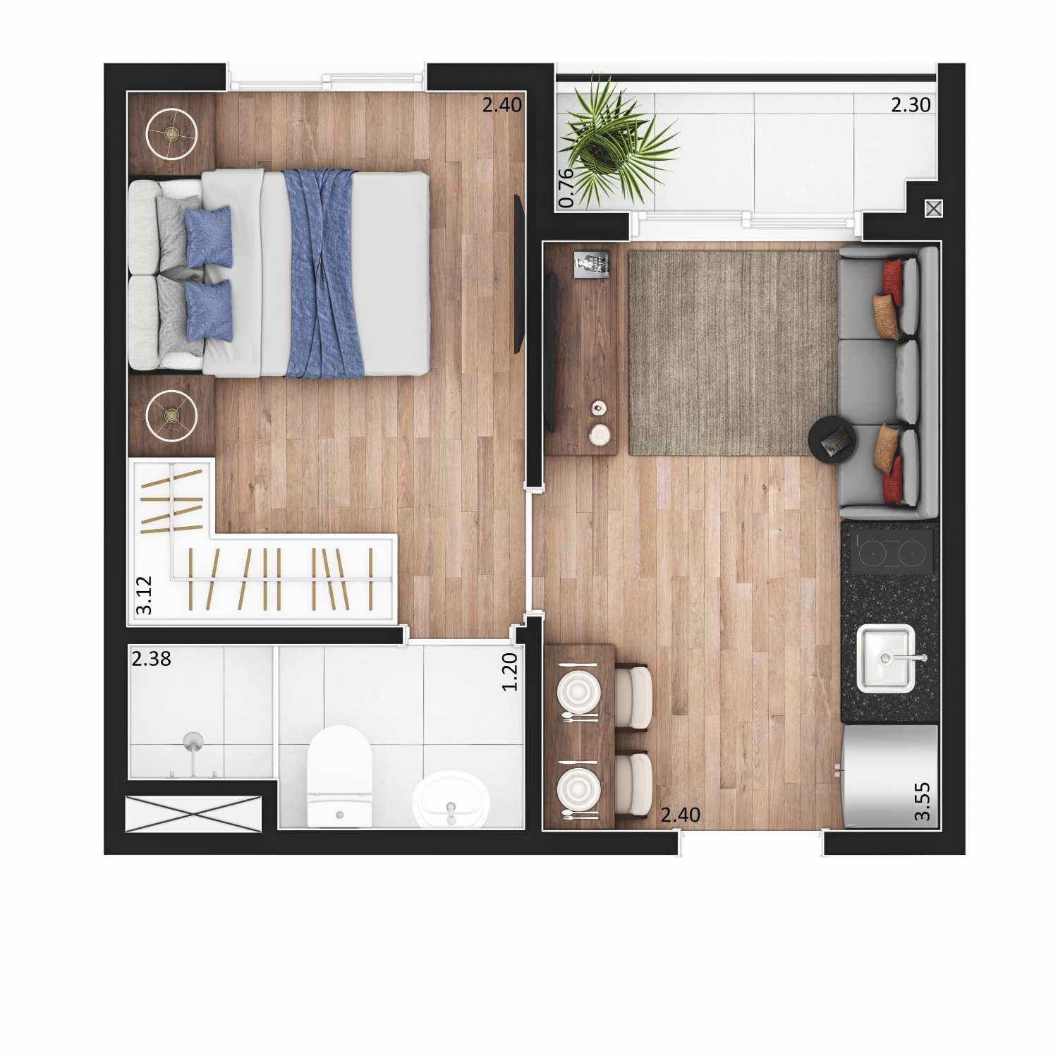 Planta de apartamento 1 dormitório em Paulista, São Paulo